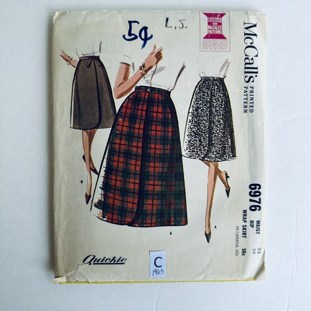 Vintage 1963 Wrap Skirt McCalls Sewing Pattern 6976  CUT W25"